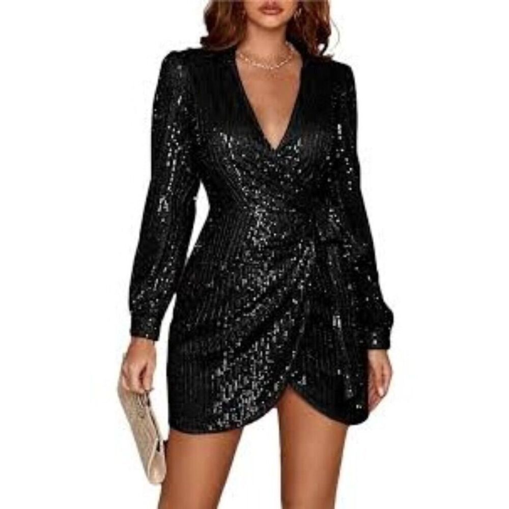 MNG Women’s Black Deep V-Neck Long Sleeve Sequined Wrap Ruched Dress Size 8